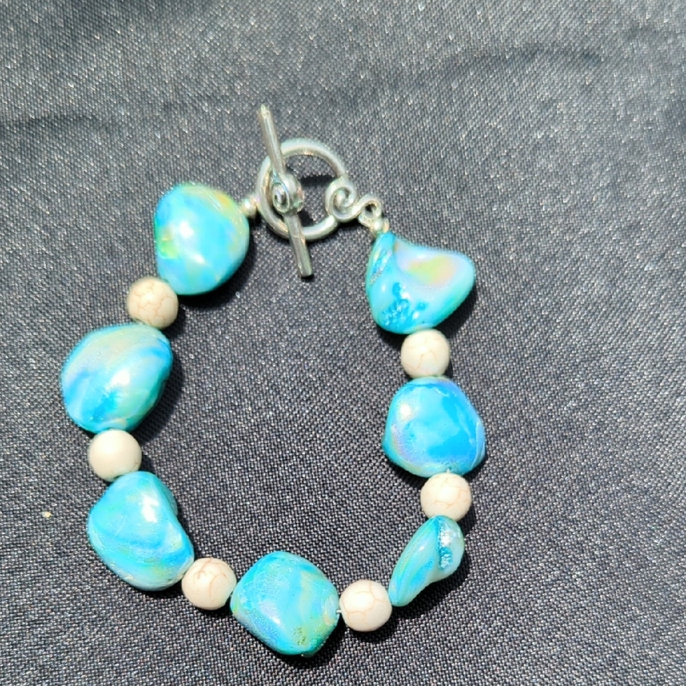 Elegant Blue and White Bracelet with Organic Beads